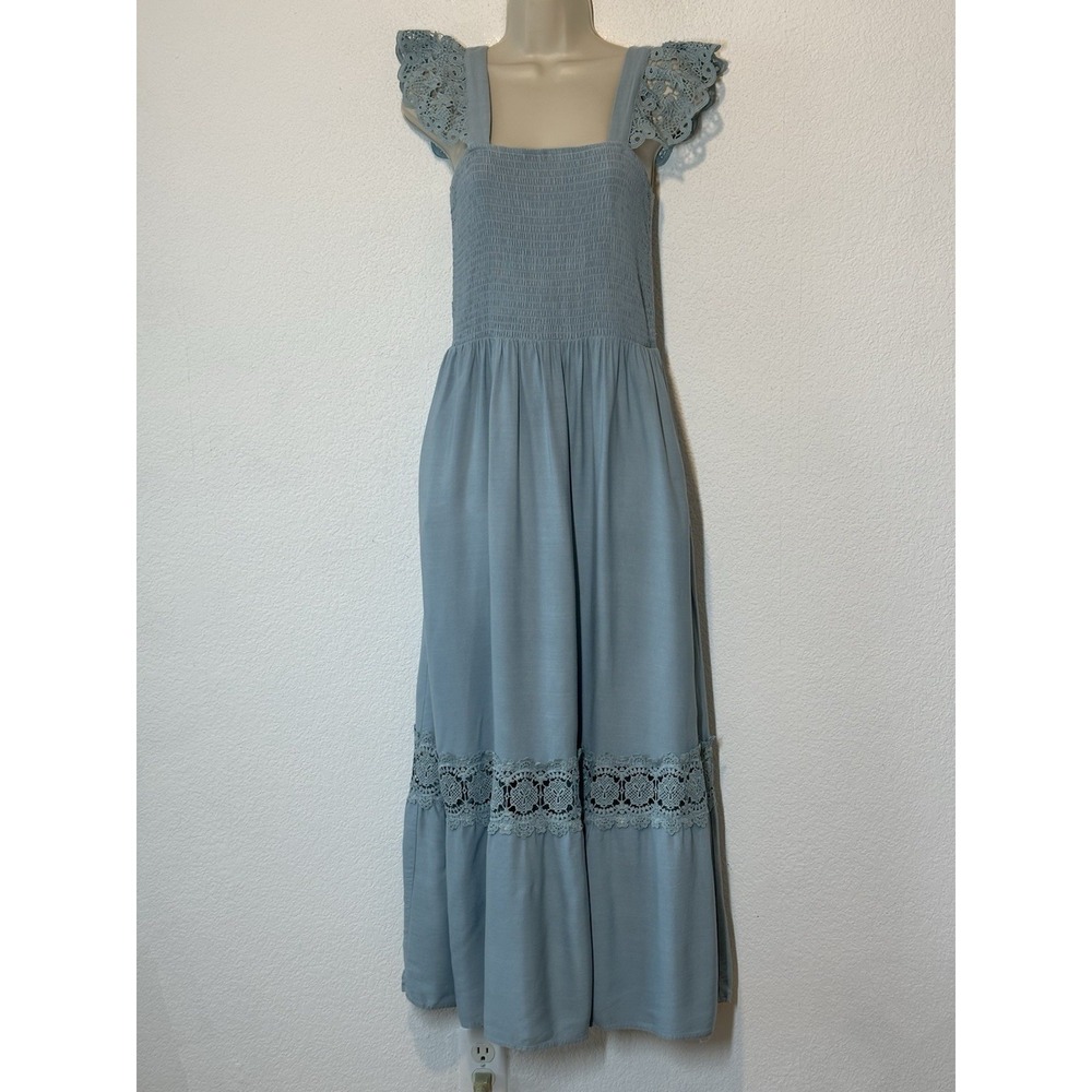 Smocked Maxi Dress Crochet Strap Square Neck Pocket Sz M Prairie Festival